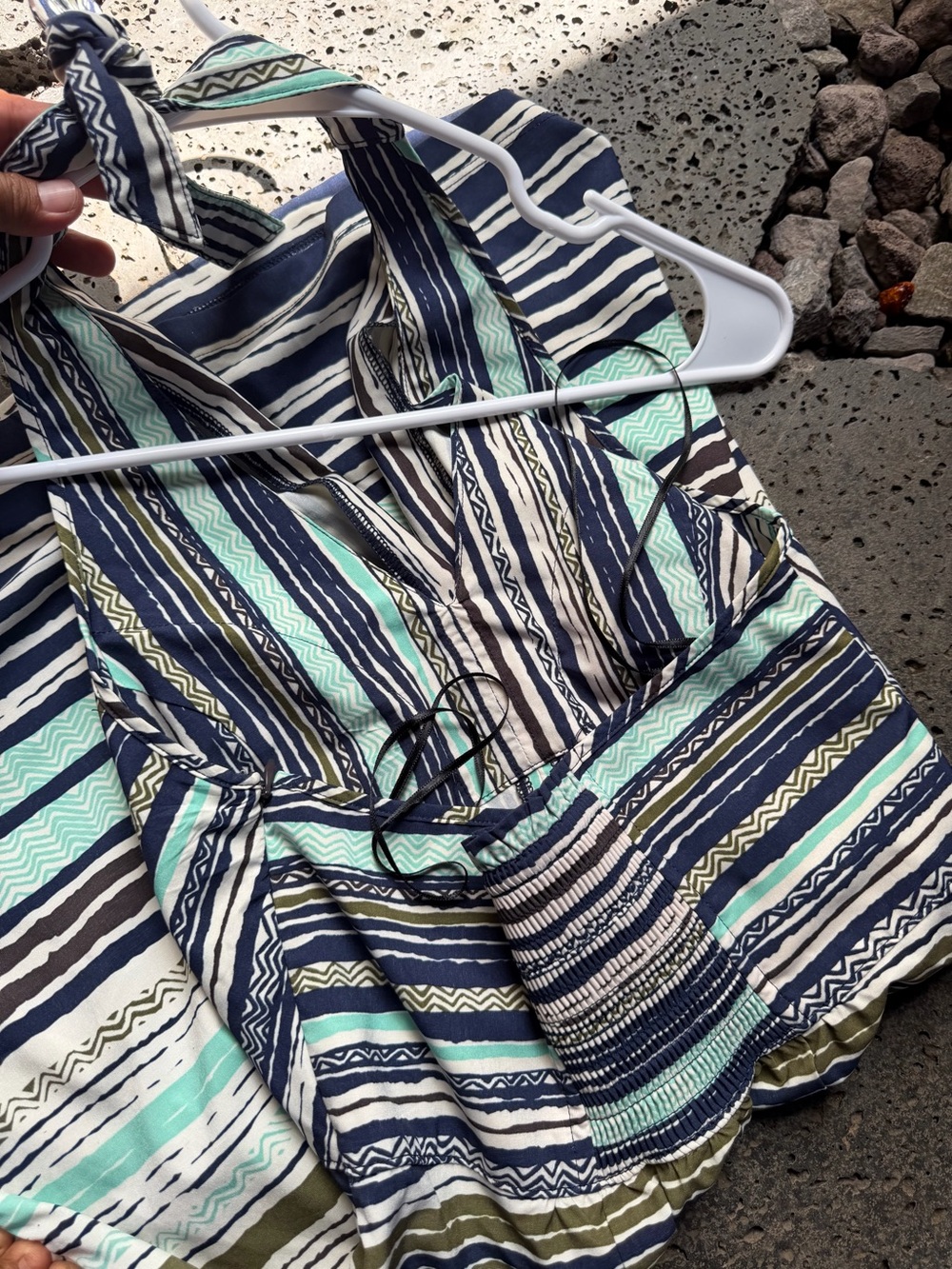 Striped Halter Summer Dress in Navy, Mint & Olive - Picture 3 of 3